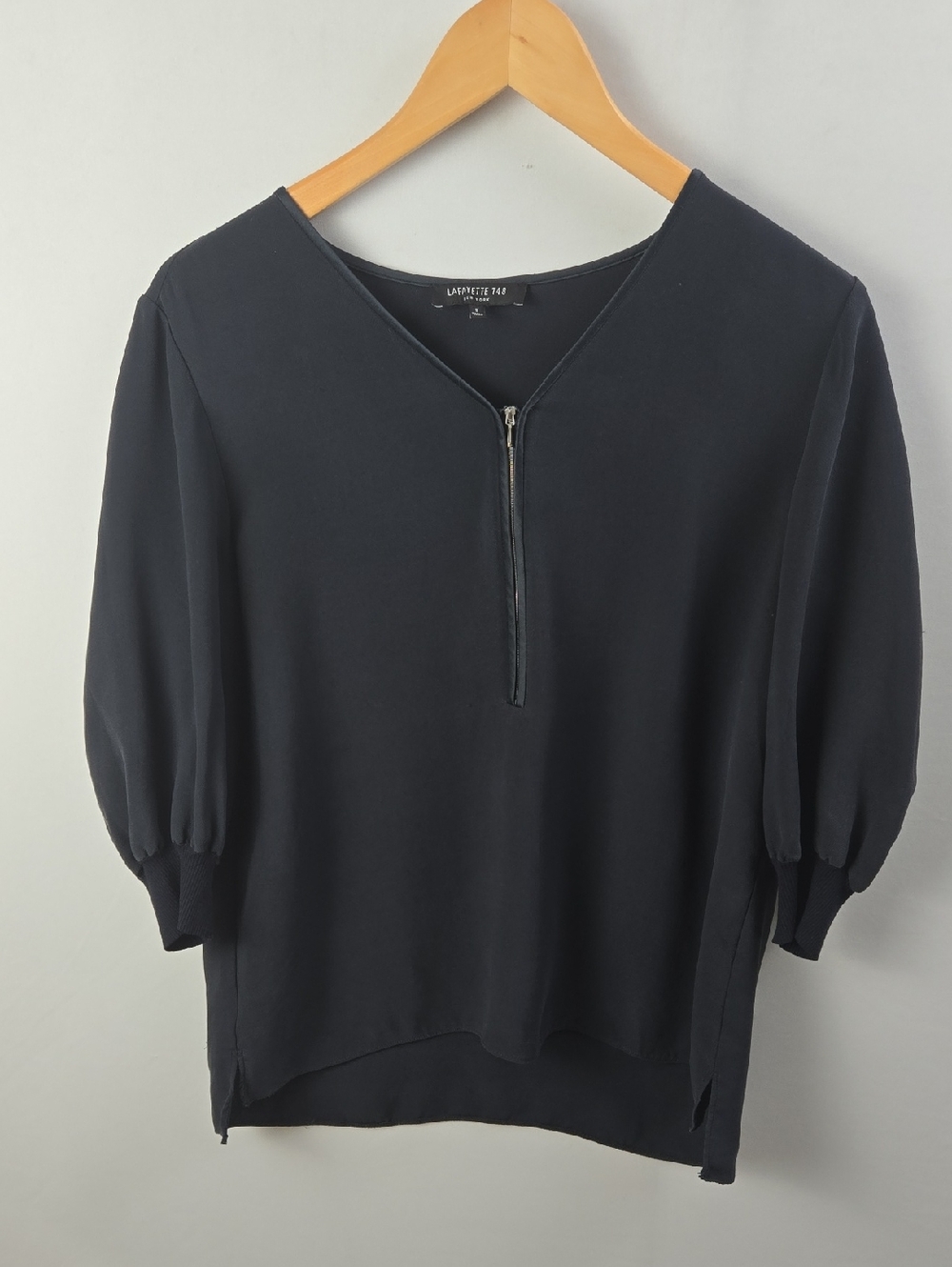 Lafayette 148 New York Navy Quarter Zip Silk Blouse Sz S Quite Luxury Elegant